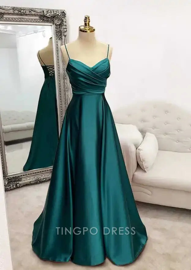 TingPo Wholesale Elegant A-line V Neck Spaghetti Straps Long/Floor-Length Satin Prom Dress With Pleated